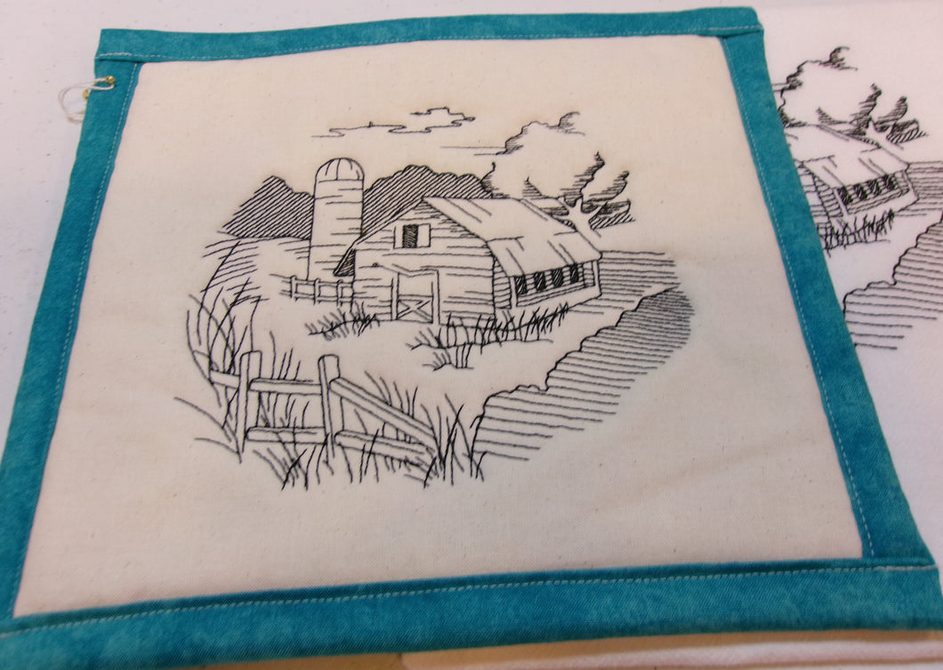 Barn and silo and country scene Towel & Potholder Set