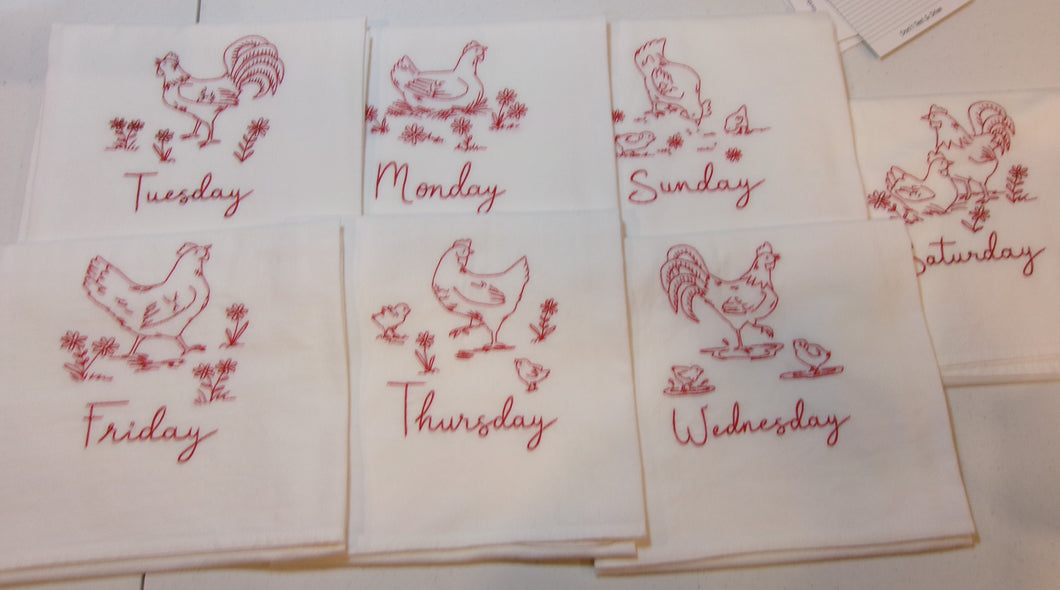 7 days of week country chicken redwork towel set