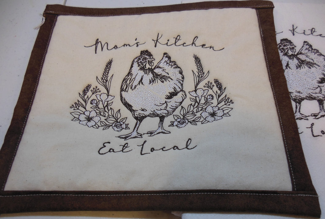 Mom's Kitchen, eat local-- Chicken Towel & Potholder Set