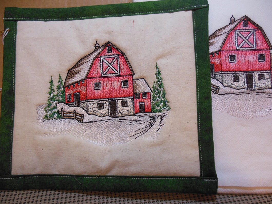 Classic Snowy Barn Scene Towel & Potholder Set