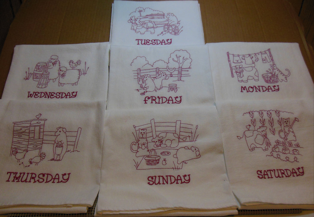 Farm (Redwork)  7 days of the week towel set