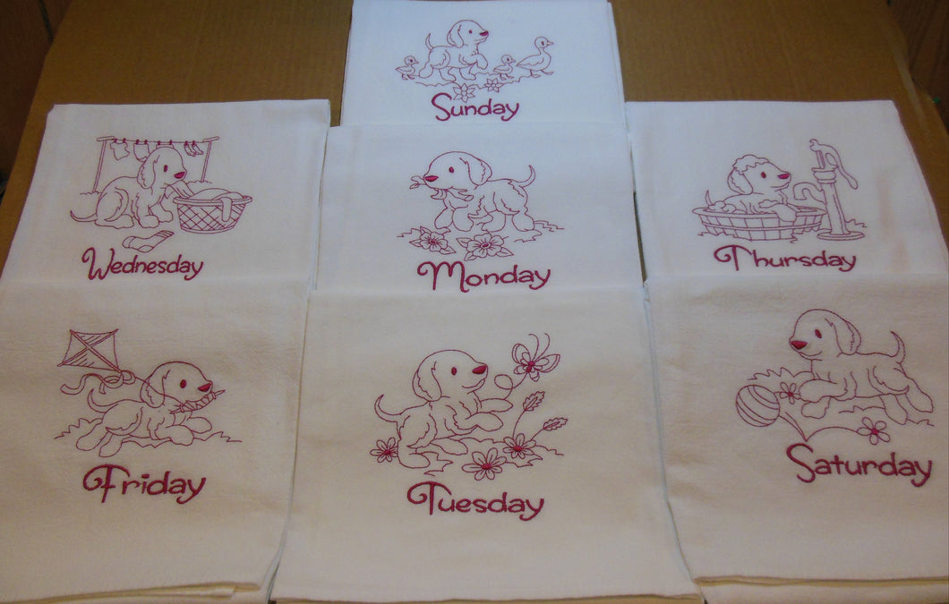 Puppy (Redwork)  7 days of the week towel set