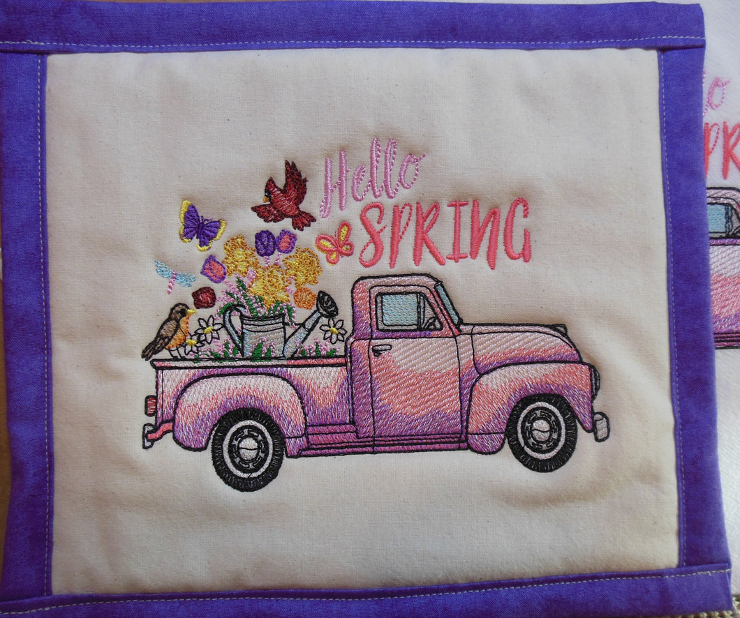 May Retro Truck-Hello Spring Towel & Potholder Set
