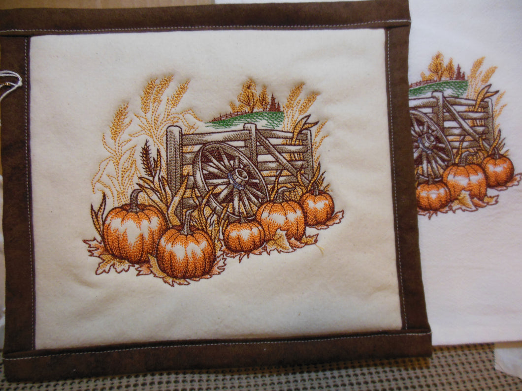 Countryside Harvest Scene Towel & Potholder Set