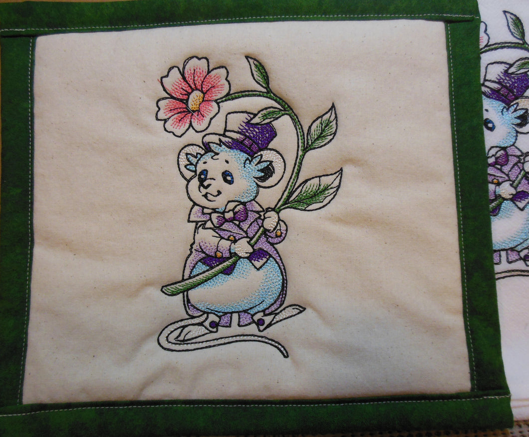 Wedding Mice with Flowers -  Groom Towel & Potholder Set