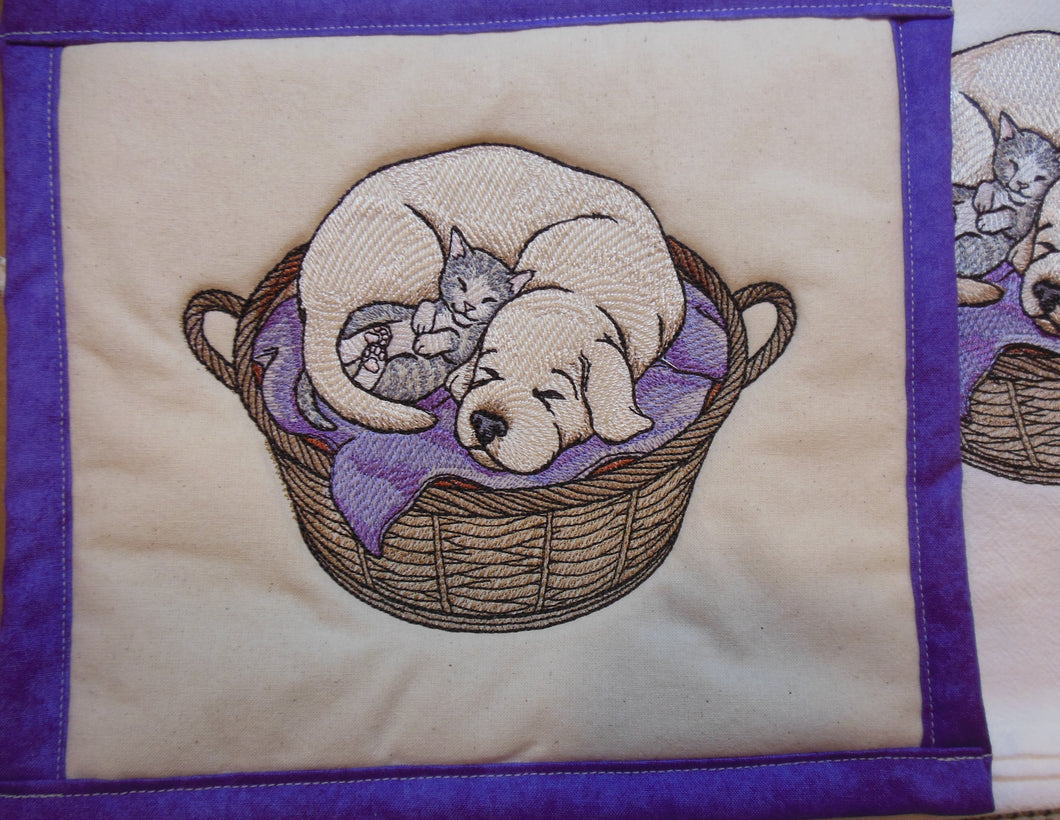 Cuddling Friends Cat and Dog Towel & Potholder Set