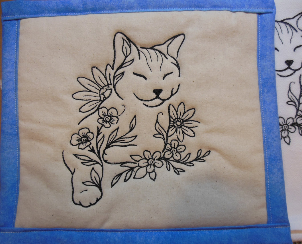 Floral Cat 1 Towel & Potholder Set