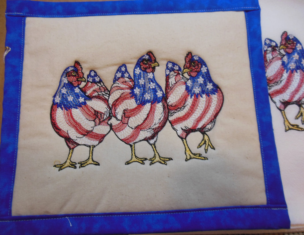 Patriotic Chicken Trio Towel & Potholder Set
