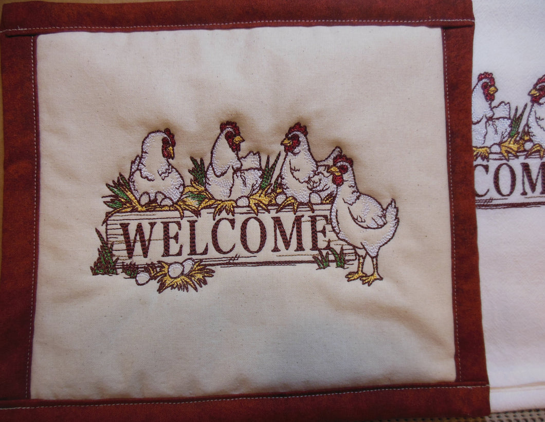 Chicken Welcome Sign Towel & Potholder Set
