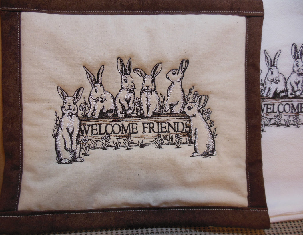 Welcome friends Bunnies Sign Towel & Potholder Set
