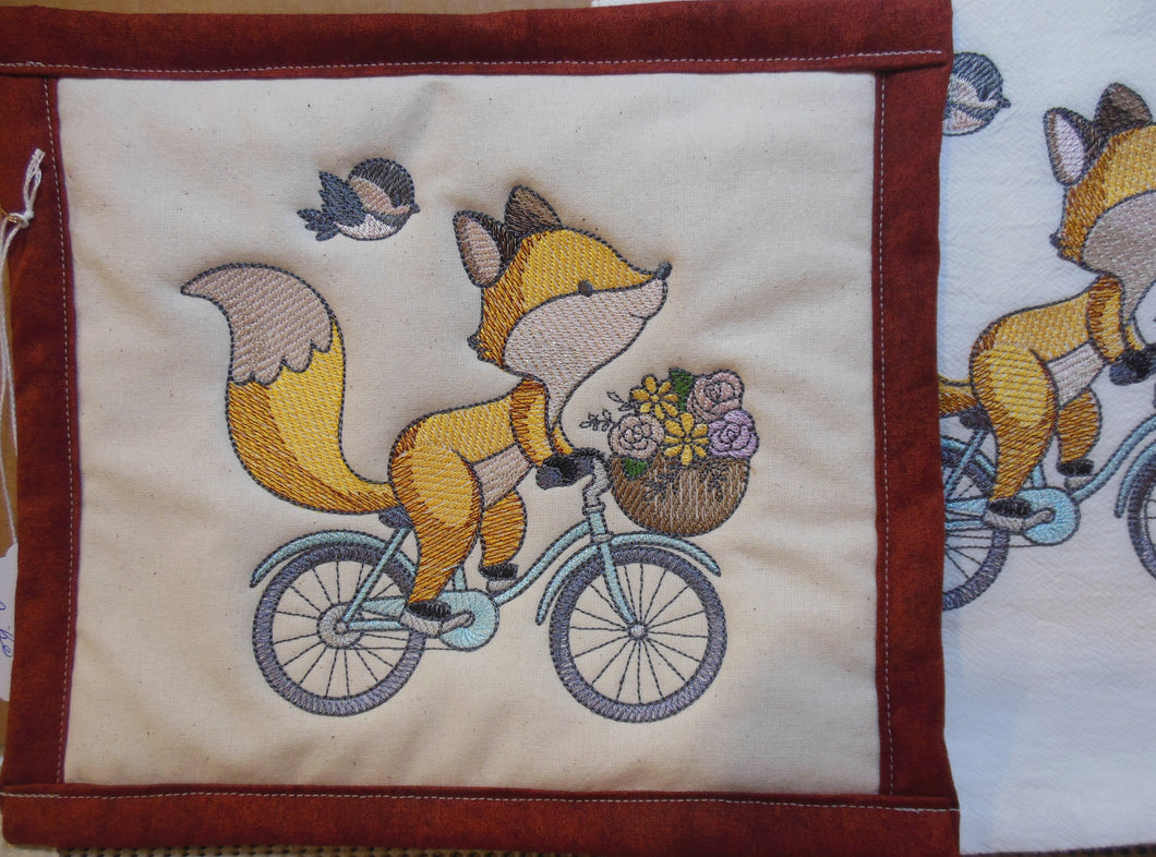 Fox on Bike Towel & Potholder Set