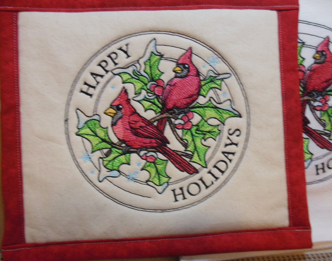 Happy Holidays - Cardinals  Stamp Towel & Potholder Set