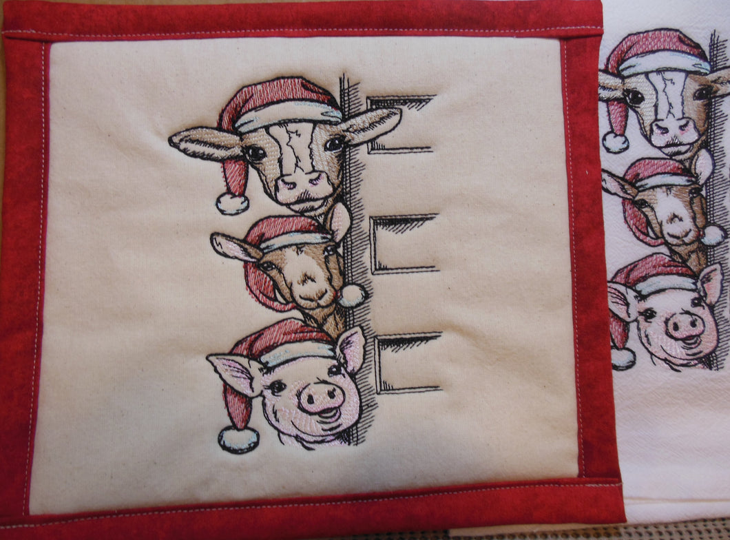 Peeking Christmas Cow, Goat, Pig Towel & Potholder Set