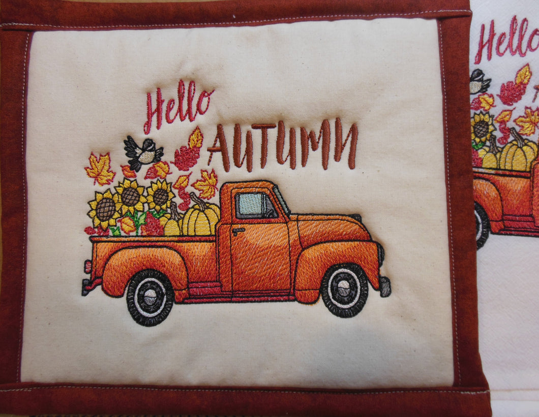 Retro Truck September Hello Autumn Towel & Potholder Set