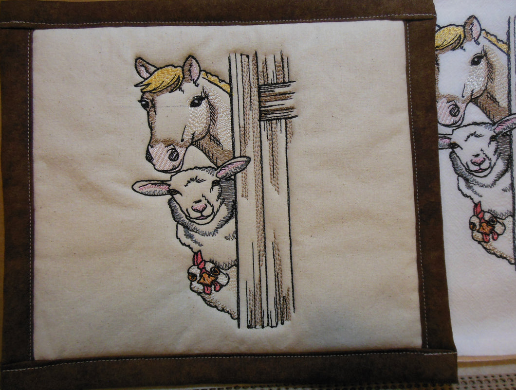 Peeking Horse, Sheep, Chicken Towel & Potholder Set