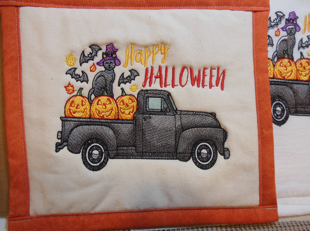 Retro Truck October Happy Halloween Towel & Potholder Set
