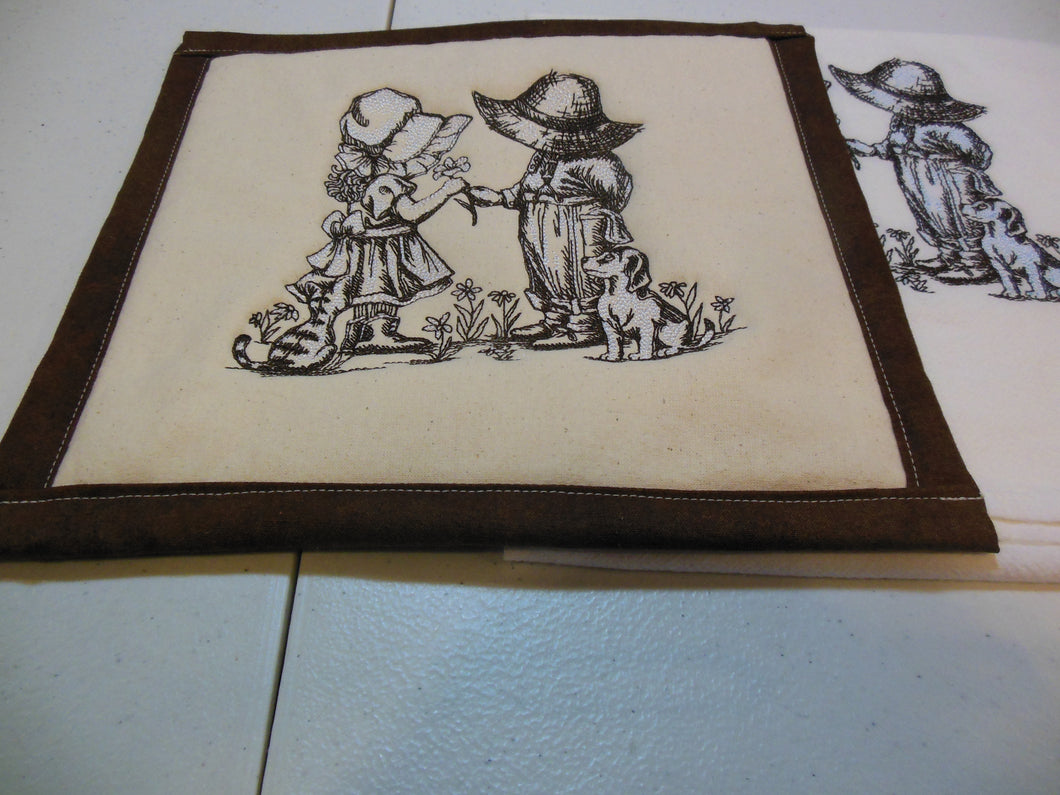 Sunbonnet Sue and Fisherman Fred scene Towel & Potholder Set