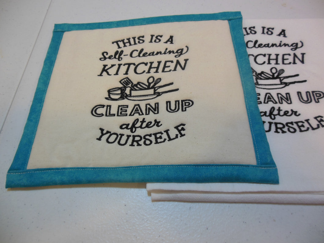 This is a self cleaning kitchen Towel & Potholder Set