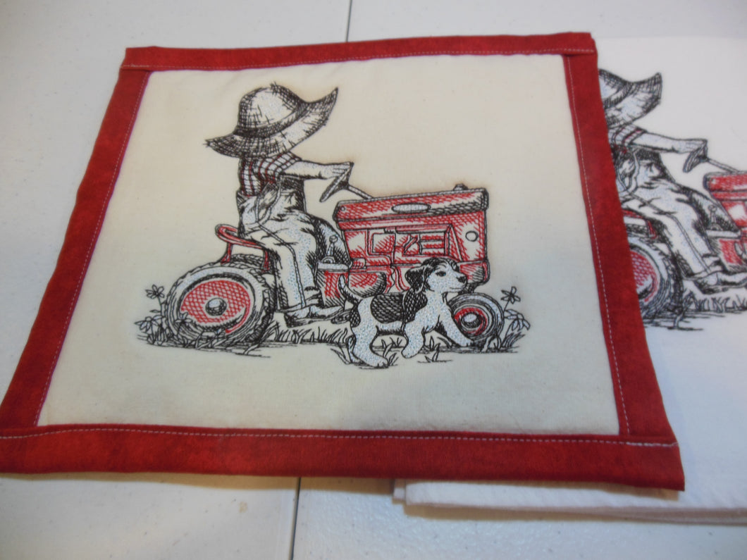 Life on the tractor  Farmer Fred etching Towel & Potholder Set