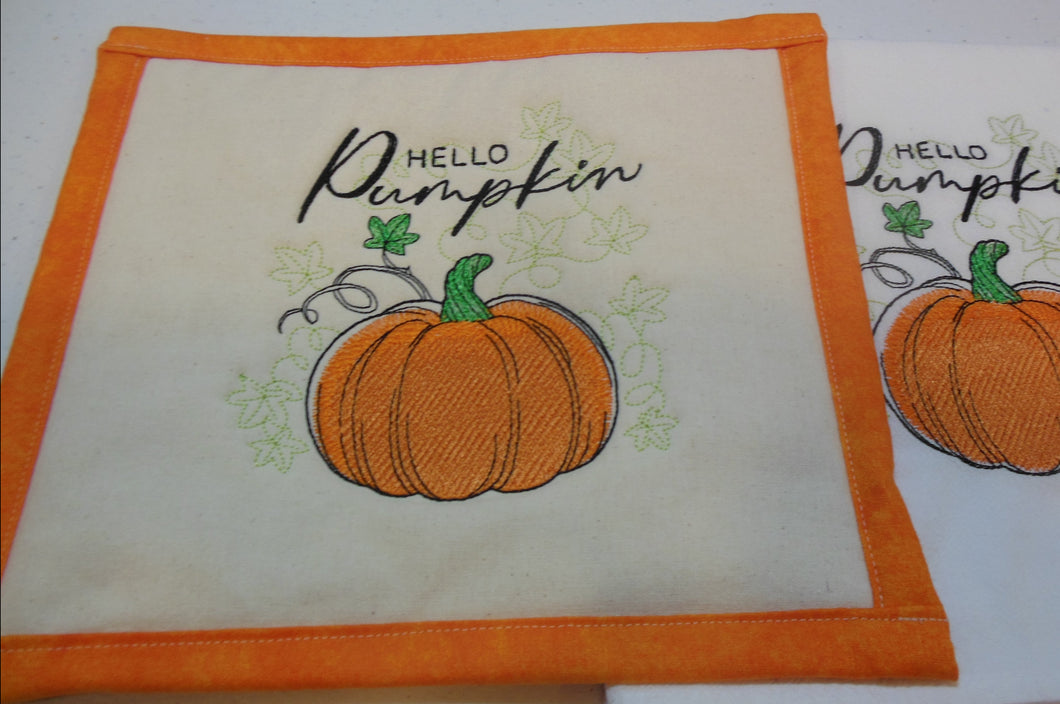 Hello pumpkin medley Towel & Potholder Set