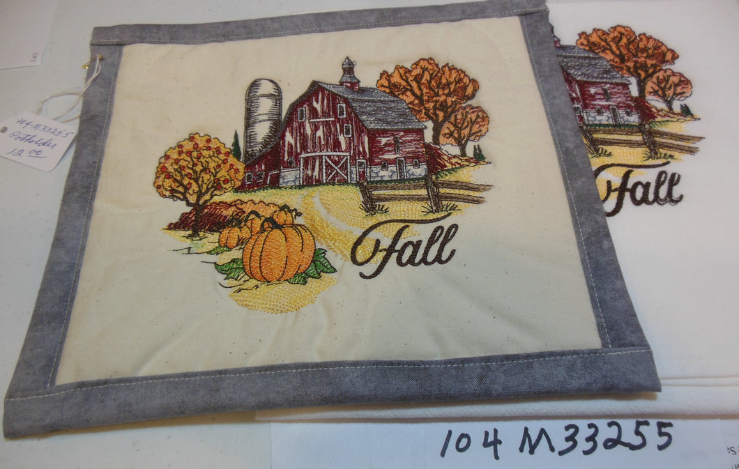 Fall Season Red Barn Towel & Potholder Set