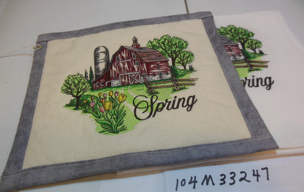 Spring Season Red Barn Towel & Potholder Set