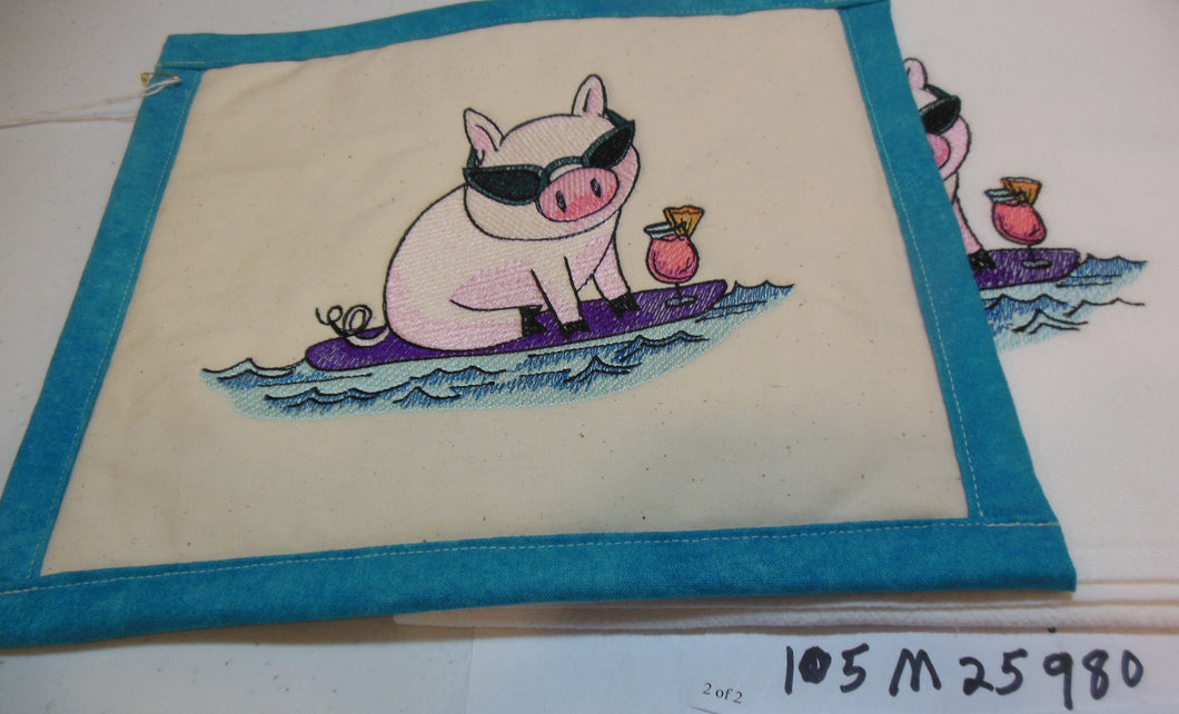 Surfing Pig Towel & Potholder Set