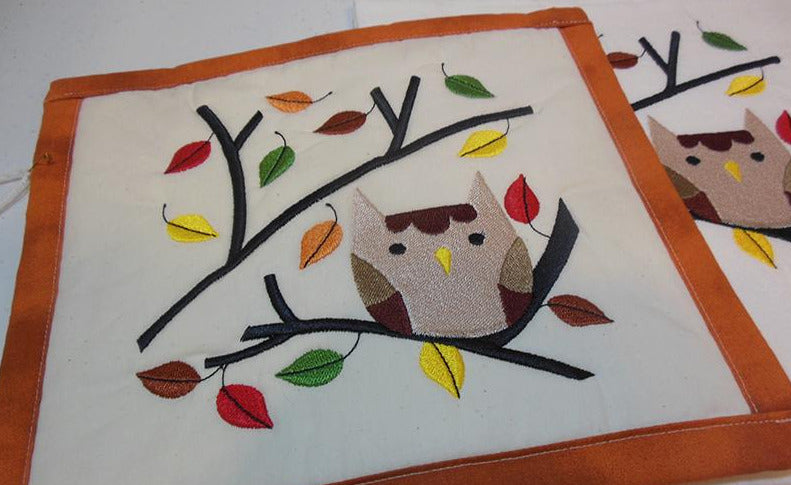 Owl with Fall Leaves Towel & Potholder Set