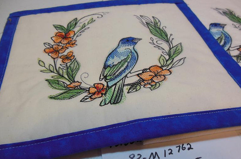 Blue Bird with Flowers Towel & Potholder Set