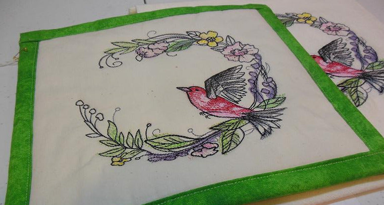 Red Bird with Flowers Towel & Potholder Set