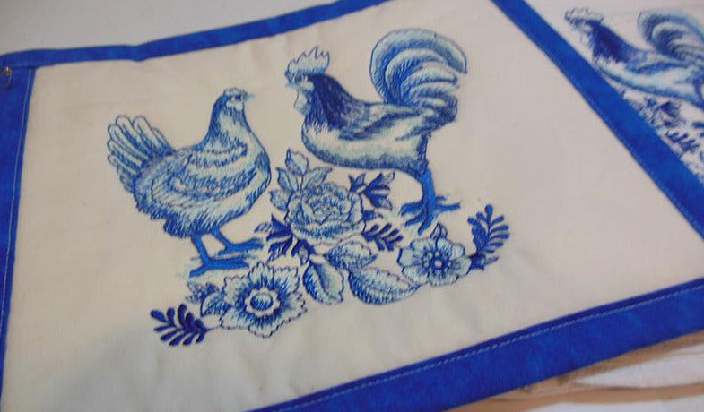 Rooster And Hen Blue Work Towel & Potholder Set