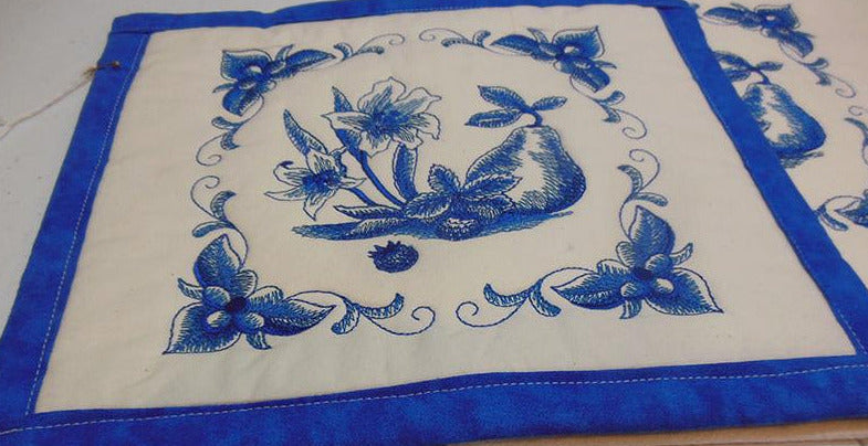 Floral 5 Blue Work Towel & Potholder Set