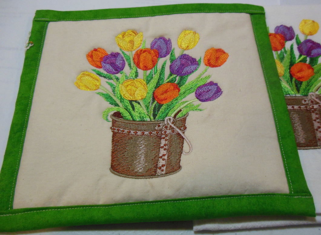 Spring tulips in pail Towel & Potholder Set