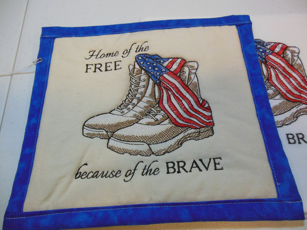Home of the Free Serviceman Boots with American Flag Towel & Potholder Set