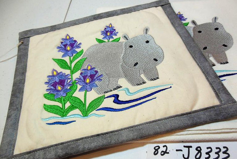 Hippo with Flowers Towel & Potholder Set