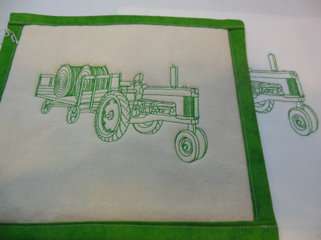 Tractor and hay wagon greenwork Towel & Potholder Set