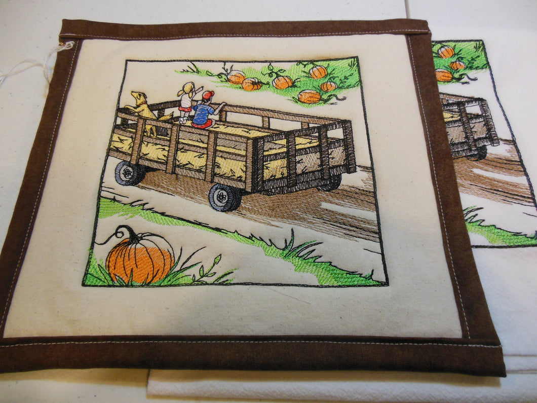 Fall on the farm hayride wagon Towel & Potholder Set