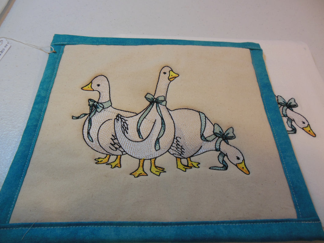 Blue ribbon goose trio Towel & Potholder Set