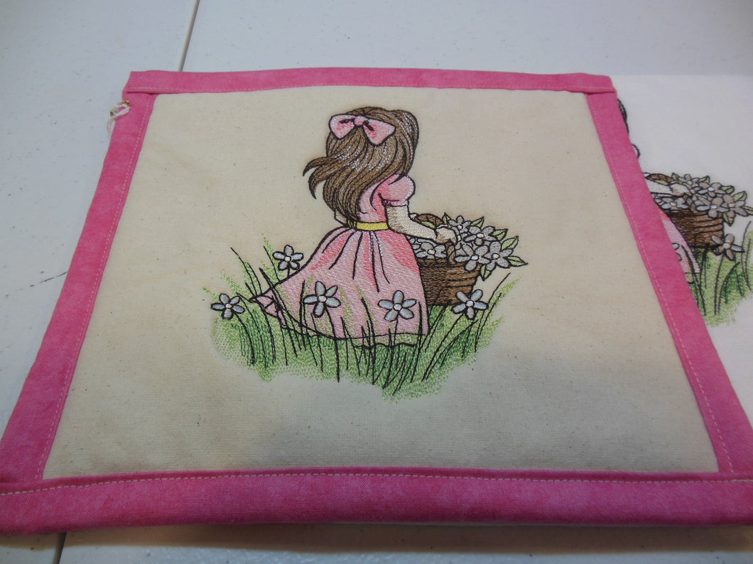 Childhood nostalgia picking flowers Towel & Potholder Set