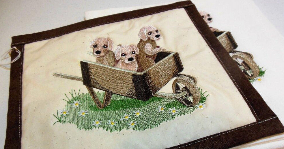 Puppies in Wheel Barrow Towel & Potholder Set