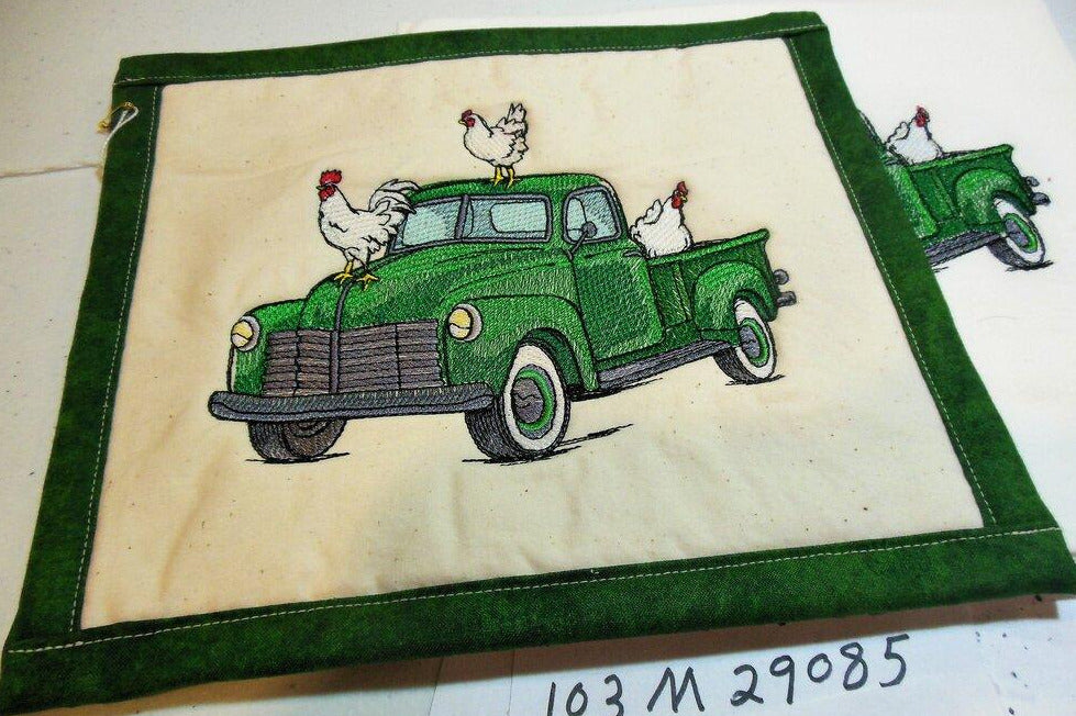 Hens and Green Truck Towel & Potholder Set