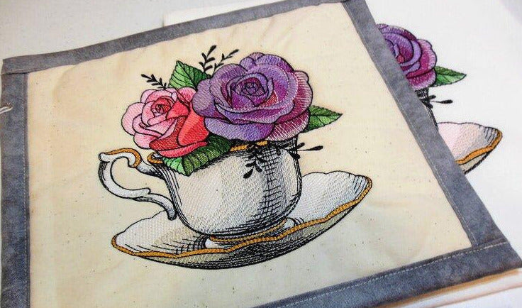 Floral Tea Cup Towel & Potholder Set